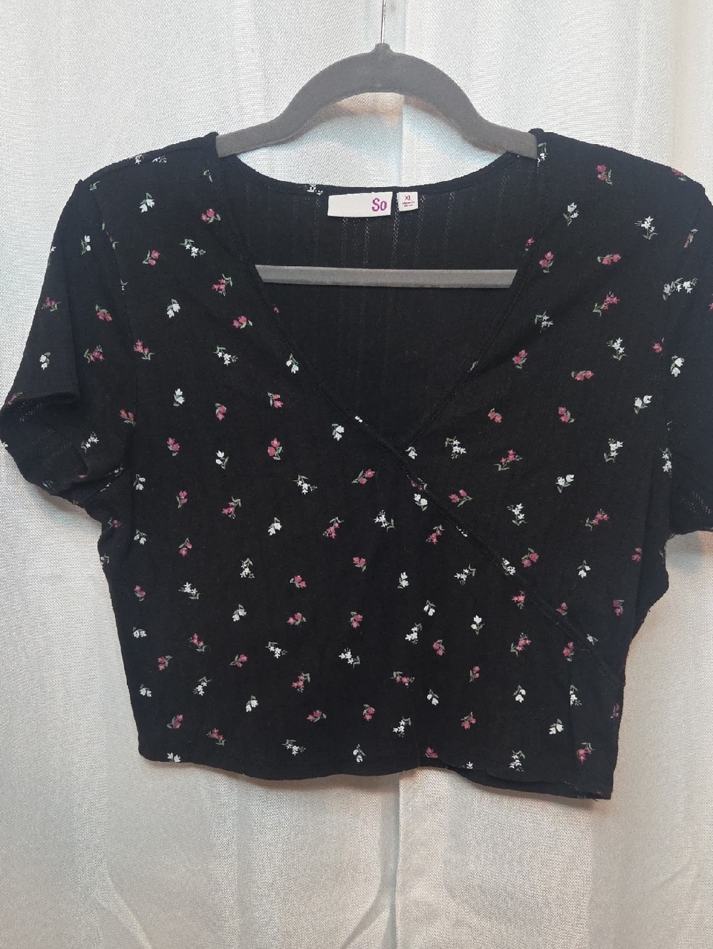 SO Black Floral Wrap Crop Top - Pink & White Flowers